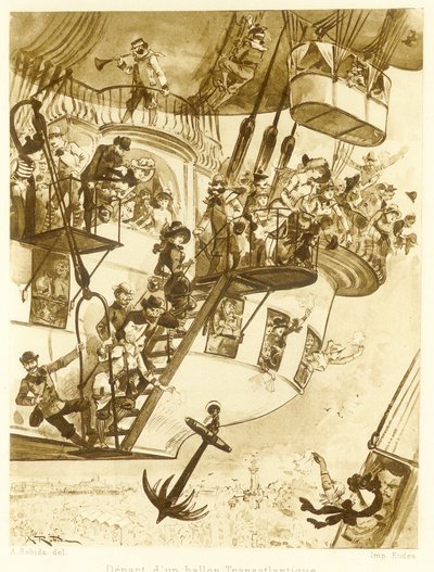 パブLe Vingtieme Siecleからの大西洋横断気球の出発。 1883 作： Albert Robida