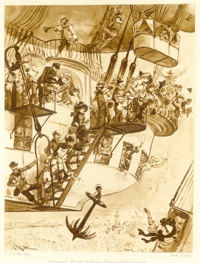大西洋横断気球の出発（「Le Vingtieme Siecle」より）。1883年のリトグラフ、1883年 作： Albert Robida