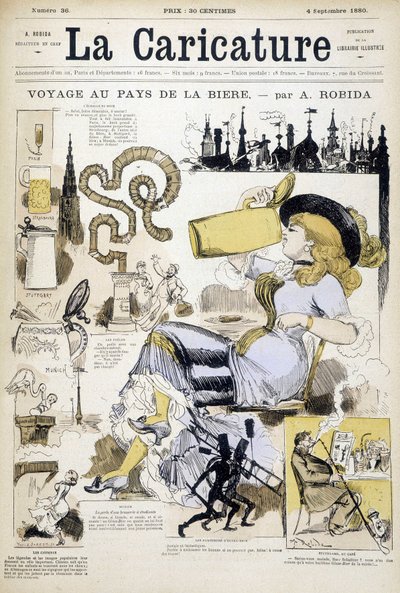 ロビダによるビールジョッキを飲む女性の編集 - 1880年4月9日の「La caricature」に掲載されたクーヴ。 作： Albert Robida