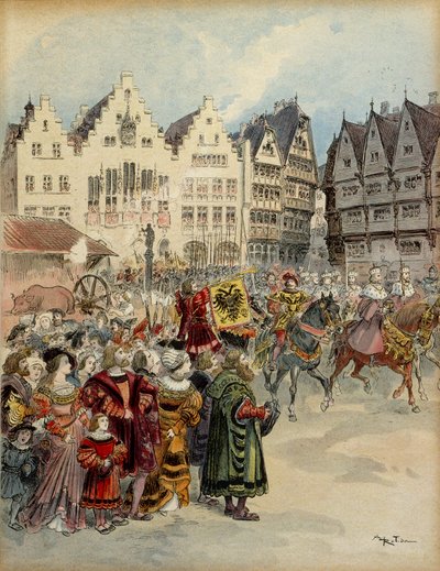 1519年6月28日、シャルル5世（1500-1558）がドイツ皇帝に選出される。フランクフルト（ドイツ）の街を走る7人の選帝侯の隊列。イラスト 作： Albert Robida