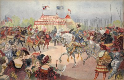 フランソワ・イヤーの「黄金の布」のフィールド。George G. Toudouze著「Le Roi Chevalier」（1909年出版）の挿絵。1909年（カラーリトグラフ）。 作： Albert Robida