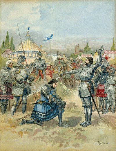 第5次イタリア戦争（1515-1516）。1515年9月14日夜、マリニャン（マレニャーノ）（イタリア）の戦いの後、ピエール・テライユ・ド・バヤール（1476-1524）鎧のフランソワ1世（1494-1547）騎士が登場。イラスト 作： Albert Robida