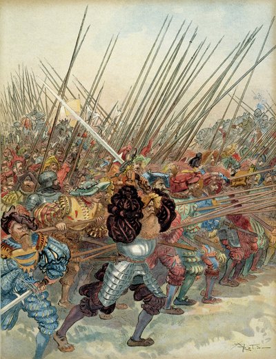 第5次イタリア戦争（1515-1516）。マリニャン（イタリア）でフランソワ1世（1494-1547）とヴェネツィアの同盟者の武器にスイスが突撃する 作： Albert Robida