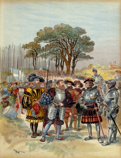 第5次イタリア戦争（1515-1516）：ミラノ（イタリア）前のビコッカ（bicoque）から退却したキャンプで、1516年、スイス人が支払いを要求してきたが、コンジュや戦闘では、フランスのマレシャル（1485-1528）であるロートレック子爵のオデット・ド・フォイは支払うことができなかった。イラスト 作： Albert Robida