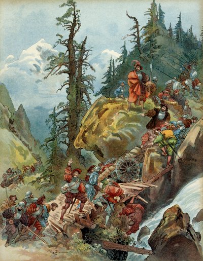 第5次イタリア戦争（1515-1516）：1515年8月、イタリアに向かうフランソワ1世（1494-1547）の軍隊がラルシュ峠を越えてアルプスを通過する様子。イラスト 作： Albert Robida