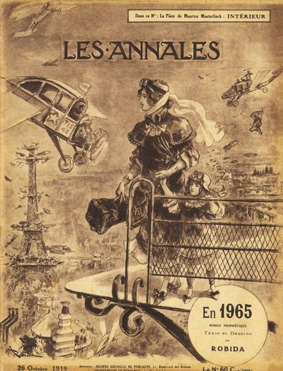 1919年、アルベール・ロビダ（1848-1926）の予言小説『En 1965』が雑誌『Annales Politiques et Litteraires』に初掲載される - パリは交通渋滞に見舞われる...空の上で！自動飛行（セルフ・フライング）とタクシー飛行機（プレーン 作： Albert Robida