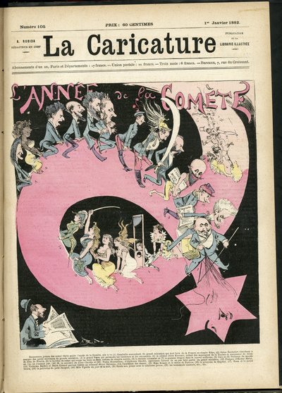アルベール・ロビダ（1848-1926）による『La Caricature』（1880年）の表紙のイラスト。 作： Albert Robida