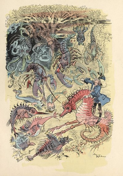 ミュンヒハウゼン男爵の歴史と冒険」（ミュンヒハウゼン）のアルベール・ロビダによるイラスト、H.ローレンス編、19世紀後半" 作： Albert Robida
