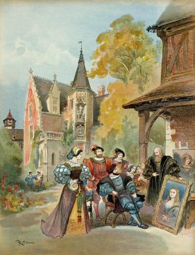 フランソワ1世（1494-1547）がモナリザをレオナルド・ド・ヴィンチ（レオナルド・ダ・ヴィンチ）（1452-1519）に買ったのは、1516年から1519年にかけて、アンボワーズの王城の近くだった。イラスト 作： Albert Robida