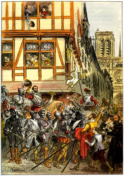 3月22日、パリ降伏後、ノートルダム寺院に到着したフランス国王アンリ4世は群衆の喝采を浴びる。 作： Albert Robida
