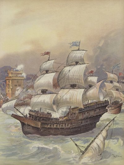 ジャンアンゴの艦隊がテージョ川をブロックし、リスボンを脅かす 作： Albert Robida