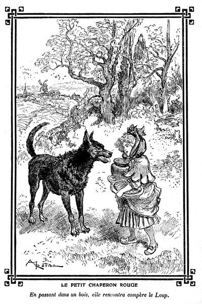 ケーキとバター壺を持った赤ずきんちゃんが狼と出会う。1920-1930年の子供向け朗読集に掲載されたアルベール・ロビダ（1848-1926）の絵。 作： Albert Robida