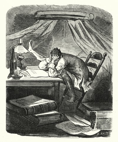 テーブルで読書する男（エングレーヴィング） 作： Albert Robida