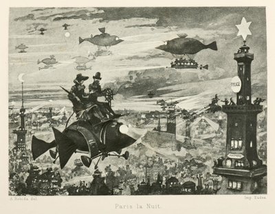 夜のパリ、20 世紀、1880 年。 作： Albert Robida