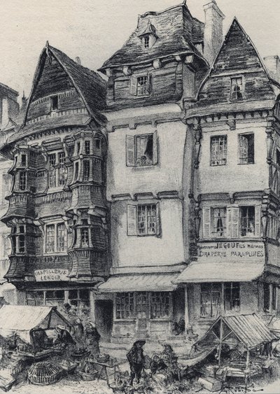 アルベール・ロビダ(1848-1926)による「ランニョンのマルシェ広場-古いフランス-ブルターニュ」のテキスト、ドローイング、リトグラフ 19世紀末 未発表 作： Albert Robida