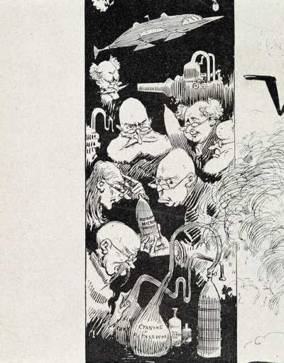 7人の科学者とその発明品。A.ロビダ著「20世紀の戦争」にて 作： Albert Robida