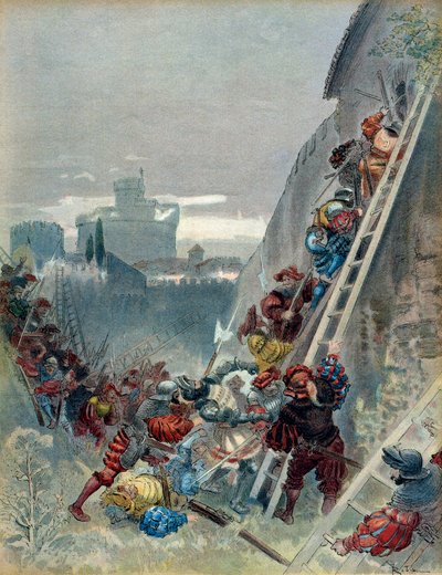 第7次イタリア戦争（1526-1529年）。1527年5月6日、ブルボン家のシャルル3世（1490-1527）がローマの包囲網で死去。イラスト 作： Albert Robida