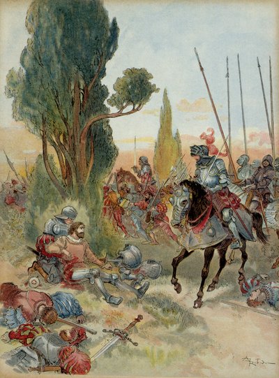 第6次イタリア戦争（1521-1526）。ピエール・テライユ・ド・バヤール（1476-1524）の死、1524年にレベック（イタリア）でアーキュバスの攻撃を受けて負傷し、ブルボン家からのコネチカットであるシャルル・ド・モンペンシエ（1490-1527）が対峙。イラスト 作： Albert Robida