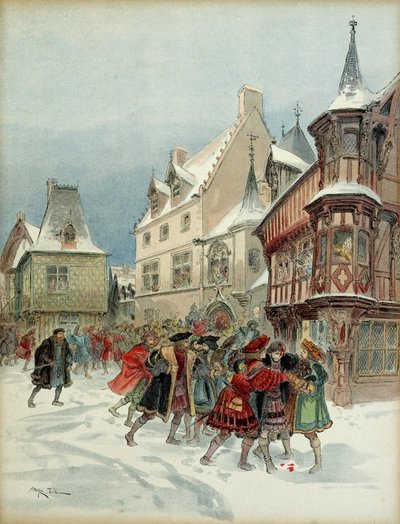 ロモランタン（フランス）での雪辱戦。国王フランソワ1世（1494-1547）は、1月6日にサンポル邸の襲撃を受けて負傷した 作： Albert Robida