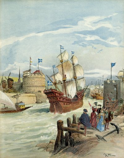 フランソワ1世の決定によりルアーブルにあるフランス艦隊 作： Albert Robida