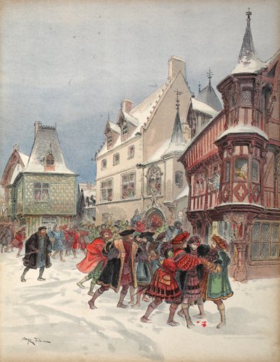 王は、ロモランタンの聖ポルの家での模擬戦いの間に負傷しました。 1909 作： Albert Robida
