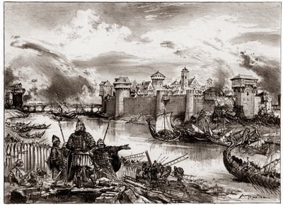 ジークフリート率いるノルマン人の海賊ヴァイキングがパリを包囲（版画） 作： Albert Robida