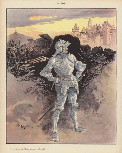 The Watch；都市の包囲を見守る鎧を着た兵士（カラーリトグラフ 作： Albert Robida