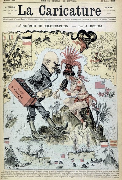 植民地化の流行：ロビダによる反植民地主義の絵-1885年10月31日付「ラ・カリカチュア」に掲載 作： Albert Robida
