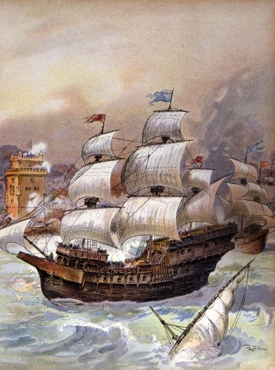 A frota de Jean Ango bloqueia o Tejo e ameaça Lisboa, c.1909 (ilustração) 作： Albert Robida