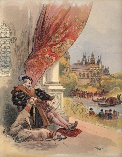 フランシス1世の最後の日、「Francois Ier:George G. Toudouze著「Le Roi Chevalier」（1909年出版）の図版。1909年（カラーリトグラフ）。 作： Albert Robida