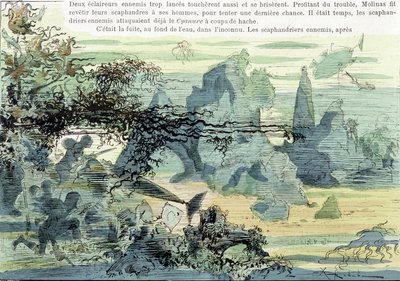 水中の戦争シーン。ロビダの「20世紀の戦争」にて、19世紀後半。 作： Albert Robida