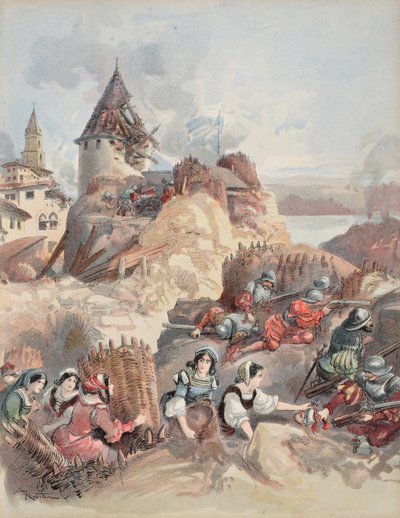 マルセイユ包囲戦の女性たち、「Francois Ier:George G. Toudouze著「Le Roi Chevalier」（1909年出版）の挿絵。1909年（カラーリトグラフ）。 作： Albert Robida