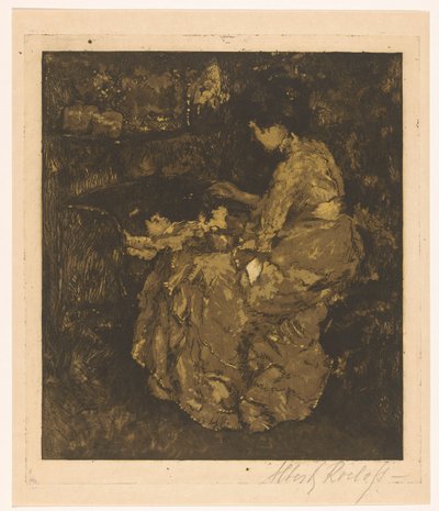 ベビーベッドのお粥で子供に食事を与える女性 作： Albert Roelofs (signed by artist)