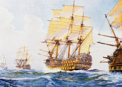 右舷タックに一列に並ぶ18世紀の船、アルベール・セビーユ（1874～1953）の水彩画、20世紀 作： Albert Sébille