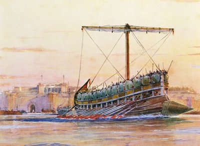 アッシリアのガレー船、アルベール・セビーユ（1874～1953）の水彩画 作： Albert Sébille