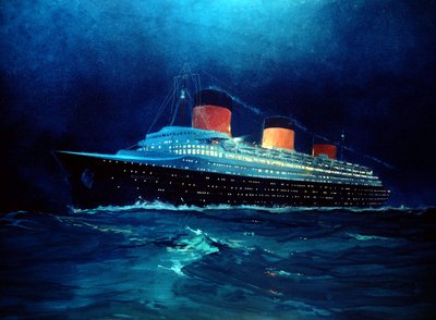 夜間横断中のフランス定期船ノルマンディー号、20世紀（絵画） 作： Albert Sébille