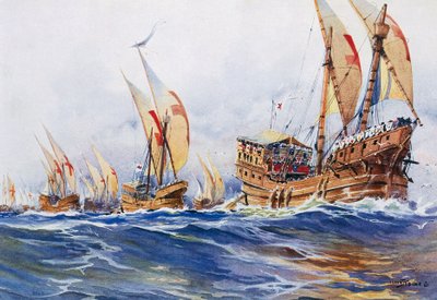 1268年、第8回十字軍遠征中のルイ9世のフランス船、アルベール・セビーユ（1874-1953）の水彩画 作： Albert Sébille