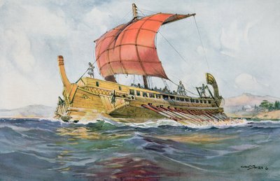 古典ギリシア時代の軽便船（カラーリトグラフ） 作： Albert Sébille