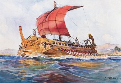 アルベール・セビーユ（1874-1953）の水彩画による古典ギリシア時代の軽便船。 作： Albert Sébille