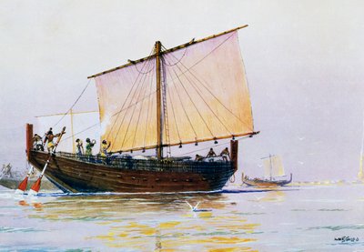 ファロスに到着したフェニキア商船、アルバート・セビーユ（1874-1953）の水彩画、20世紀 作： Albert Sébille
