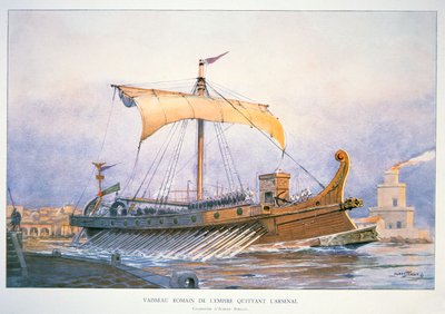 港を出るローマ帝国船、1930年頃（カラーリトグラフ） 作： Albert Sébille