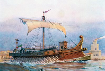 工廠を出るローマ帝国時代の船、アルベール・セビーユ（1874-1953）の水彩画。 作： Albert Sébille