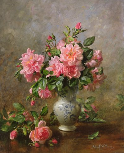 青と白の花瓶のAB1022バラ 作： Albert Williams