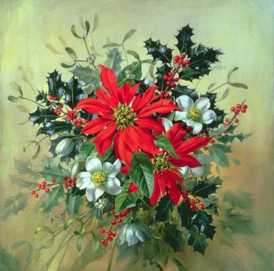 AB130ヒイラギ、ヤドリギ、その他の冬の花のクリスマスアレンジ 作： Albert Williams