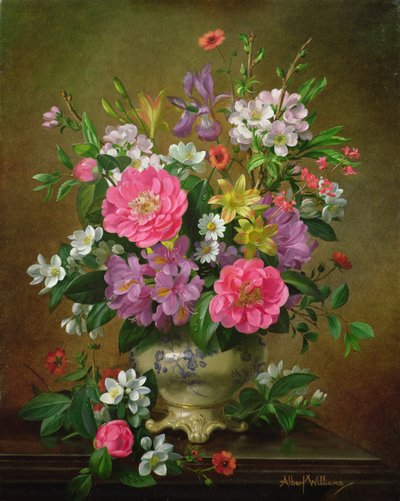 陶製の花瓶に咲く花、アイリス、牡丹（A31） 作： Albert Williams