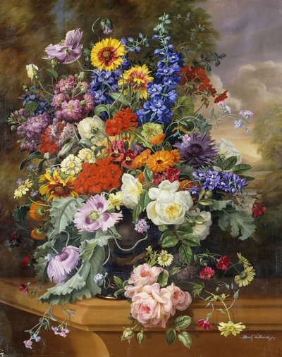 バラ、デルフィニウム、ポピー、マリーゴールドのある台地のある静物画 作： Albert Williams