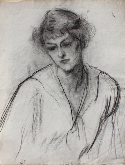 傾いた少女の半身像、1910年頃（紙に黒いチョーク） 作： Albert de Belleroche
