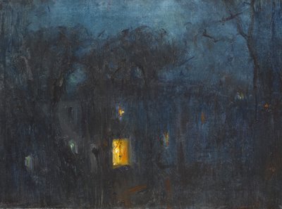 1つのウィンドウが点灯している夜の家 作： Albert de Belleroche