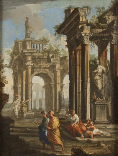 古典的な建物の横の巡礼者、1710年頃 作： Alberto Carlieri