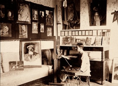 画家グリエルモ・ギニのアトリエ（Ponte a Vingone, Scandicci, Florence, 1920年9月）（モノクロ写真 作： Alberto Fierli